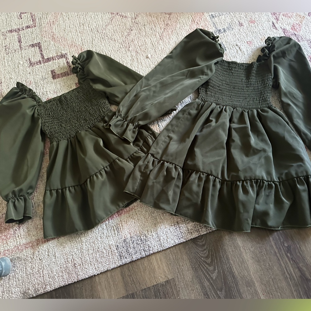 Olive Green Smocked Dress with Puff Sleeves